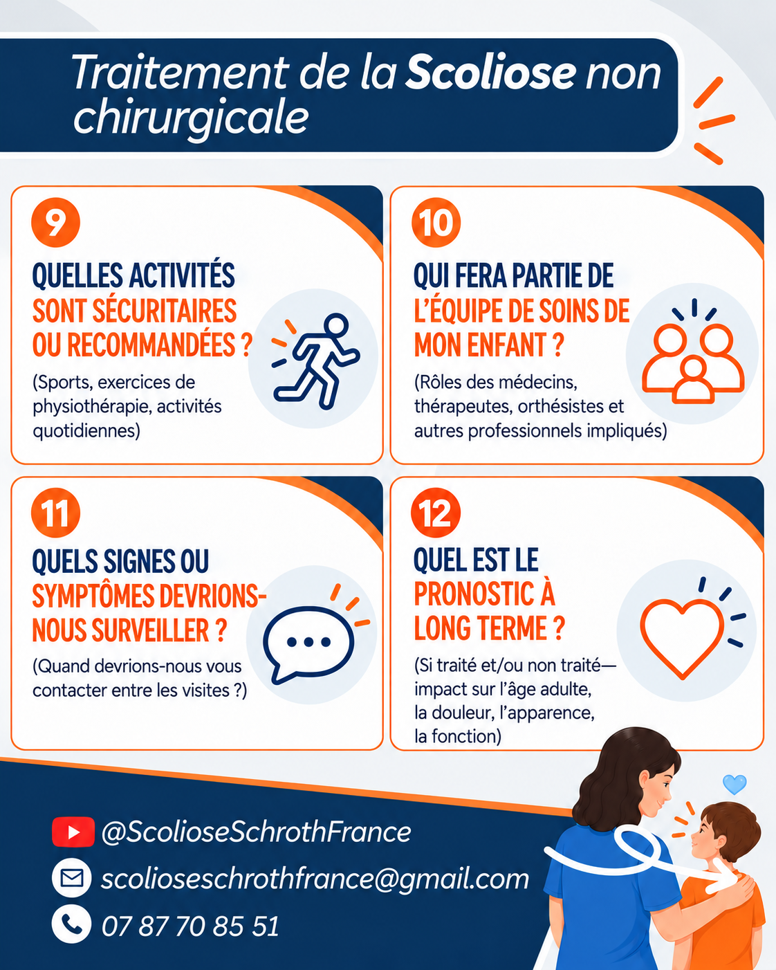 Questions sur les activités, l’équipe de soins, les symptômes et le pronostic de la scoliose