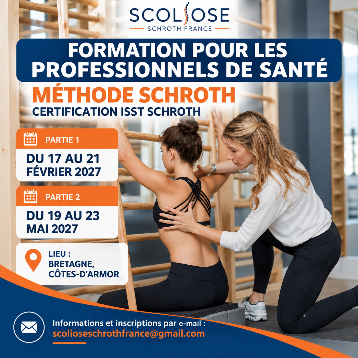 Affiche de la formation professionnelle Schroth ISST 2027, en deux parties en février et mai, en Bretagne.